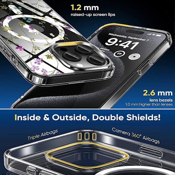 iPhone 16 Pro Kuori Kukkasarja TPU+PC Puhelinkuori Yhteensopiva MagSafe-Läpinäkyvä
