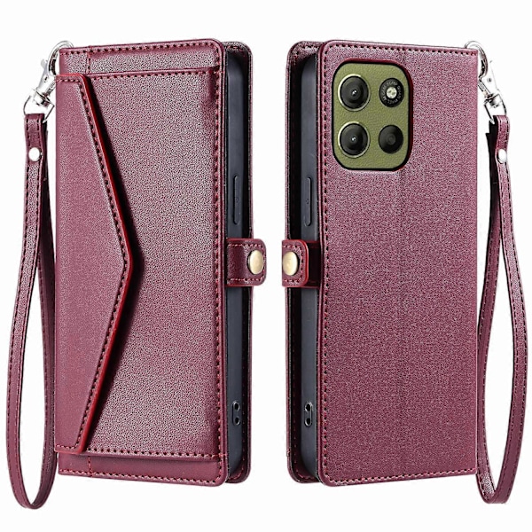 Læderetui med pung og stativ til Motorola Moto G15 4G med stropper - Sort Multicolor Wine Red