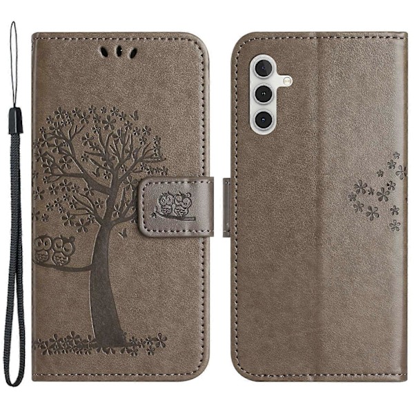 Skal till Samsung Galaxy A15 5G Uggla Träd Präglat Läder Flip Fodral med Plånbok Multicolor Style E