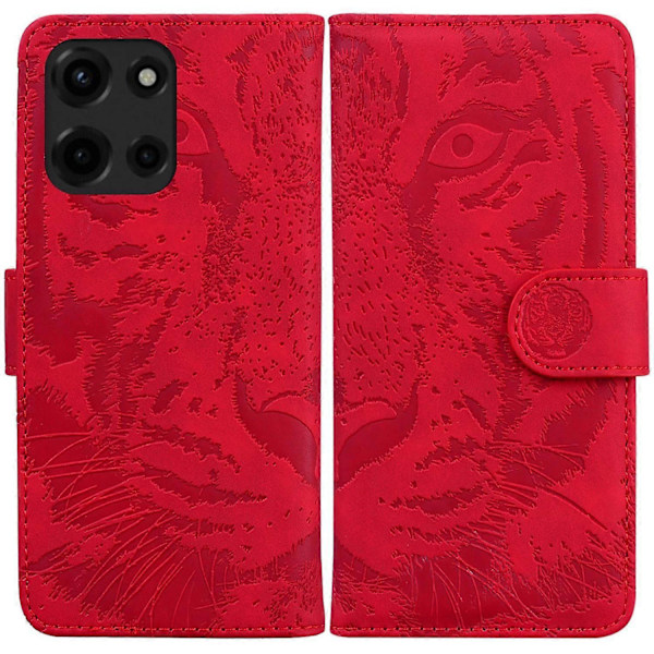 Til Motorola Moto G Power (2025) Etui Tiger Præget Læder Wallet Telefon Cover Multicolor Red