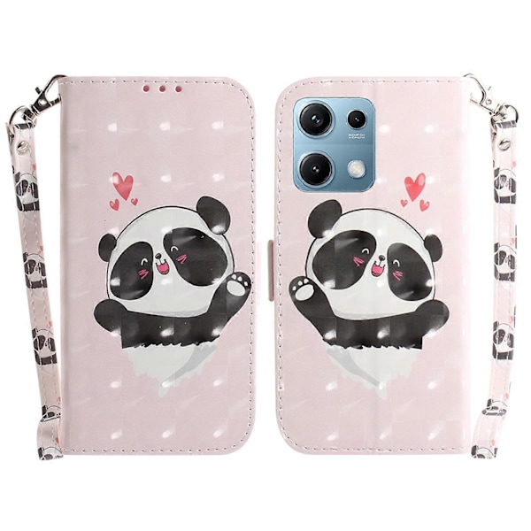 Til Xiaomi Redmi Note 14S 4G Etui Mønstertryk Læder Wallet Telefon Cover med Håndledsrem Multicolor Love Heart Panda