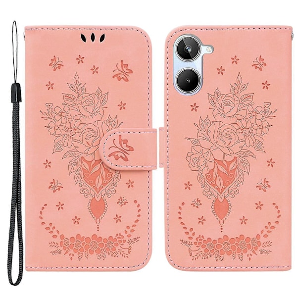Realme 10 4G PU-nahkakukkaro puhelimen suojus, jossa on painettu ruusu- ja perhoskuvio, jalustallinen puhelinkotelo ja hihna Multicolor Style C