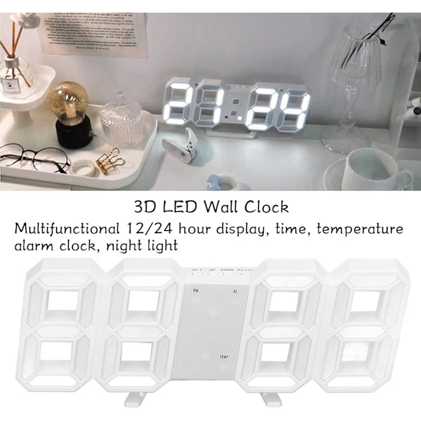 Digitalt Vægur LED Vægur Timer Hvid Ramme med Temperatur til Minimalistisk Hjem Stue Soveværelse Kontor (Hvid)