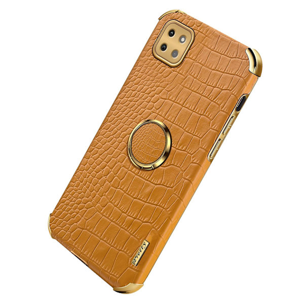 För Samsung Galaxy A22 5g (eu-version) Crocodile Texture Pu-läderbelagd TPU- case Galvaniseringsring Kickstand Cover Yellow