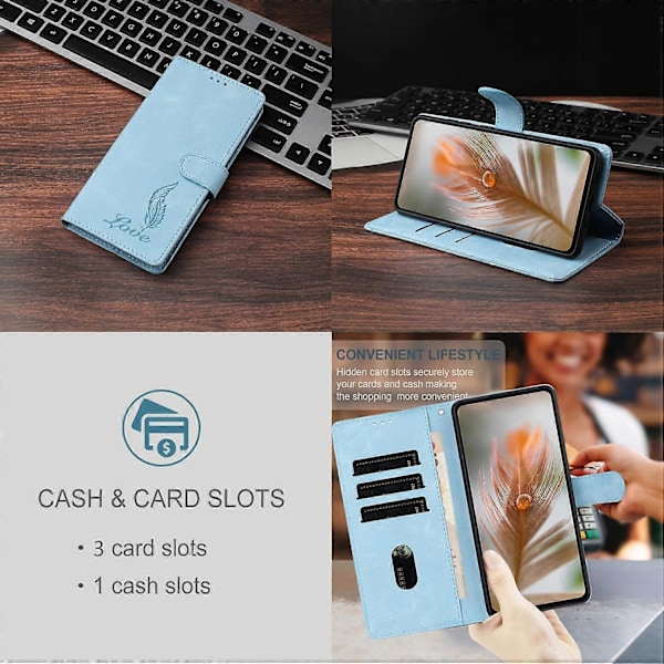 Fodral för Xiaomi Redmi A5 NFC, präglat fjäder PU-läder plånboksfodral med handledsrem Multicolor Sky Blue