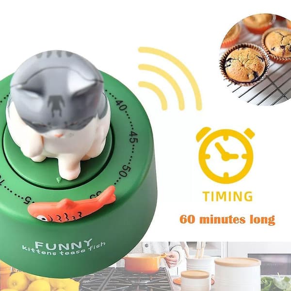 Timer Kreativ Söt katt Mekanisk timer Kök Matlagning Barn Studie Hem Timer Hantering Nedräkningstimer för undervisning V7h8 Green