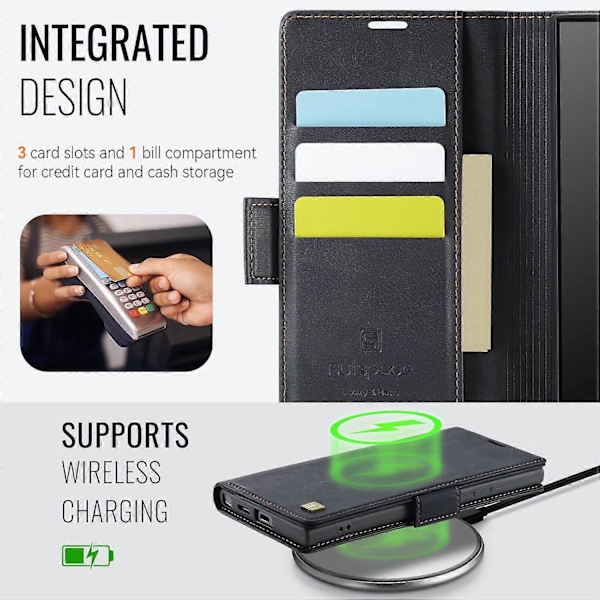 Til Samsung Galaxy S24 Ultra Case AUTSPACE A11 RFID-blokerende Retro Læder Mobiltelefonpung Cover Multicolor Black