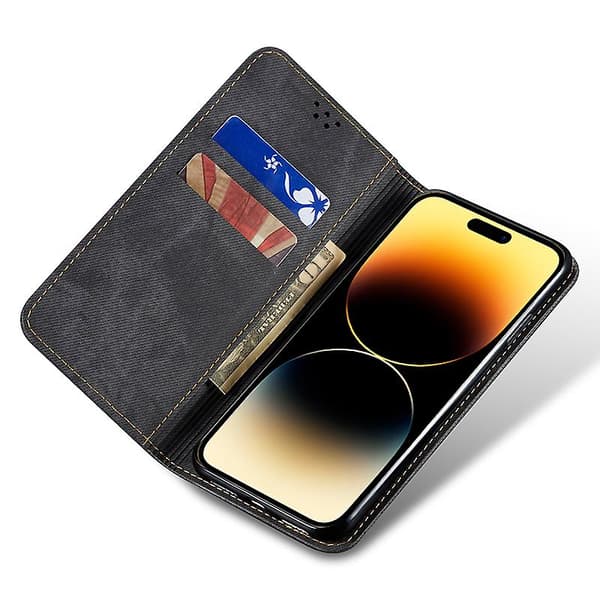 Phone case För Iphone 15, Plånboksställ Cover Pu Läder Jeans Tyg Texture Shell Black