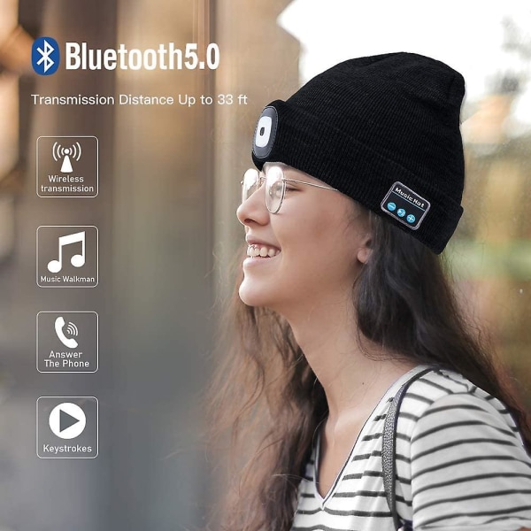 Bluetooth Beanie Led-belyst mössa med inbyggda stereohögtalare och mikrofon, uppladdningsbar unisex USB -headset stickad mössa för utomhussporter camping vandring