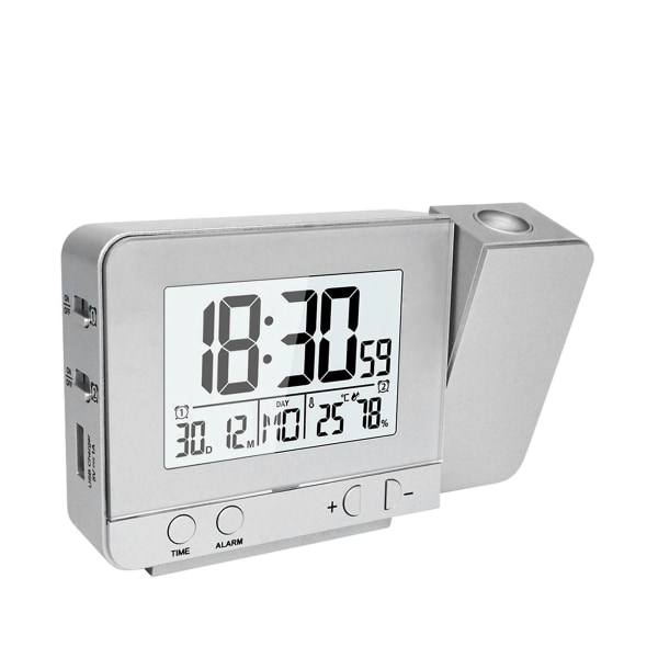 Projektionsväckarklocka för sovrum med termometer Hygrometer Digital projekt takklocka Dimbar LED-skärm med USB laddare 180vridbar med Dua Silver