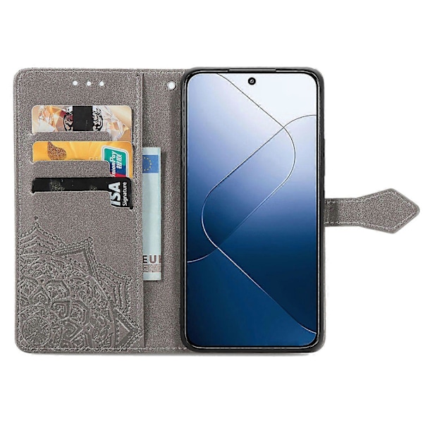 Til Xiaomi 14T Pro Etui Mandala Præget Design Læder Wallet Telefon Cover- Multicolor Grey