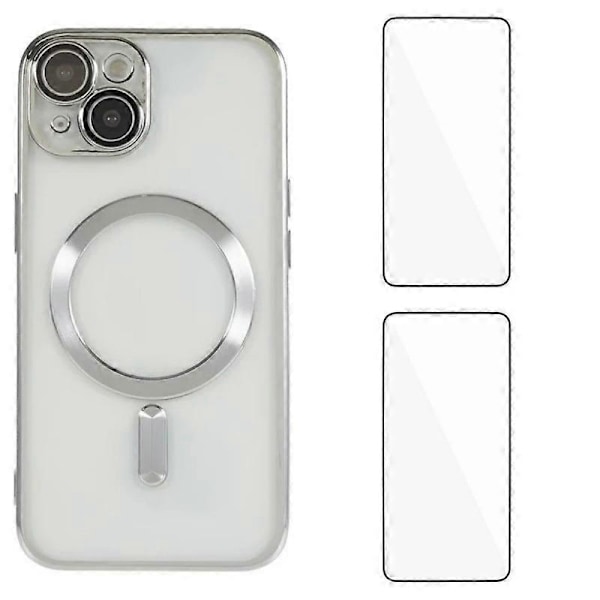 iPhone 14 Plus Magneettikotelo WANLONFENG Galvanoidulla TPU-kuorella ja linssisuojalla + 2 kpl karkaistua lasia Multicolor Silver