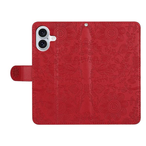 Blomsterpreget lommebokdeksel i skinn med flip-funksjon og håndleddsstropp til iPhone 16 Plus Multicolor Style A