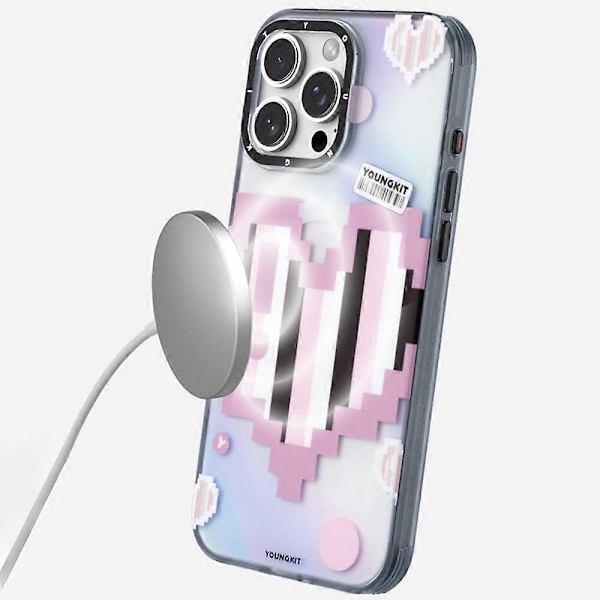 YOUNGKIT Pixel Heart Series för iPhone 16 Pro Magnetiskt Skal IMD TPU Mobil Baksida Design - Grön Multicolor Pink