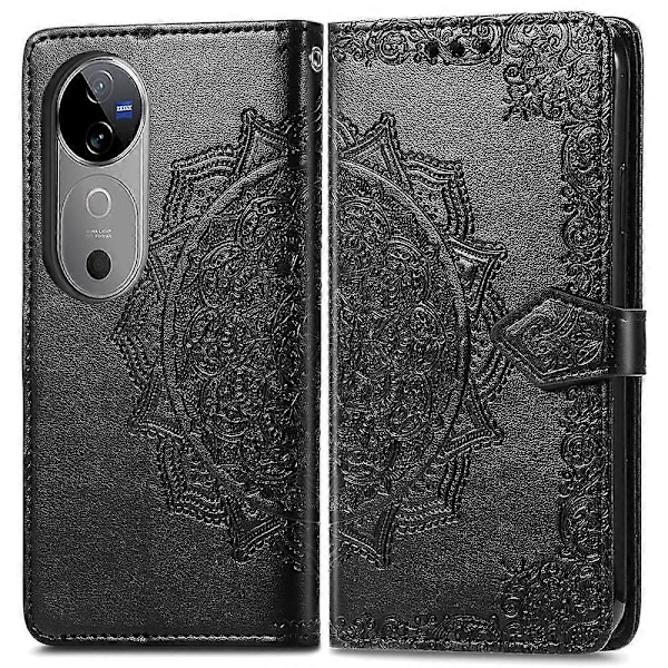 Til vivo V40 5G Etui Mandala Præget Design Læder Wallet Telefon Cover - Grå Multicolor Black