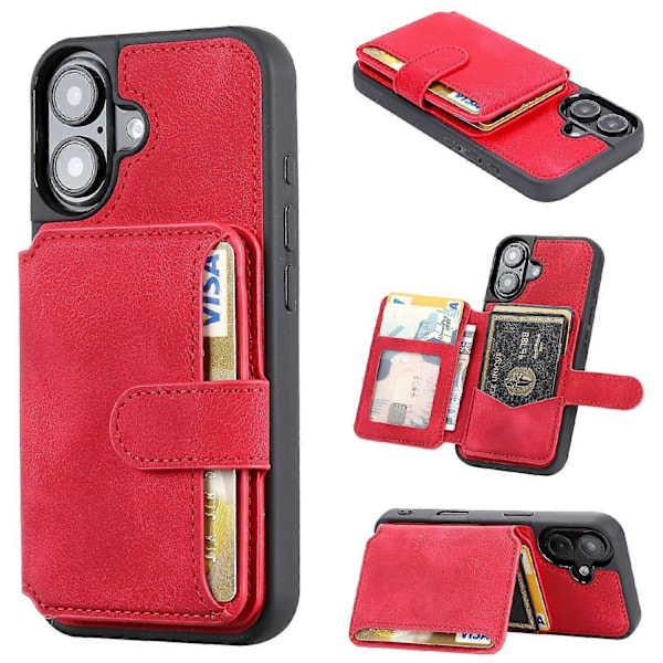 För iPhone 16 Fodral Plånbok Kortplats TPU+PU Läder Baksida Telefonskal - Kaffe Multicolor Red