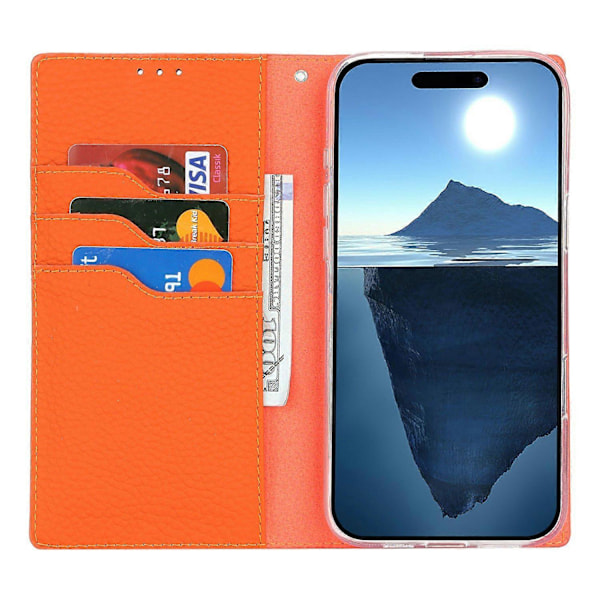 Læder Wallet Case til iPhone 16 Plus med Litchi Tekstur Multicolor Style F