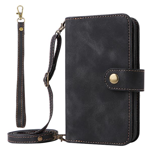 För Iphone 14 Pro Max Anti-dropp phone case Stativ Blixtlåsficka Läder Cover med remmar Black