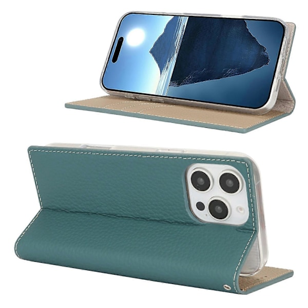 For iPhone 16 Pro Wallet Case Ægte Ko Læder Telefon Cover Litchi Tekstur Multicolor Style D