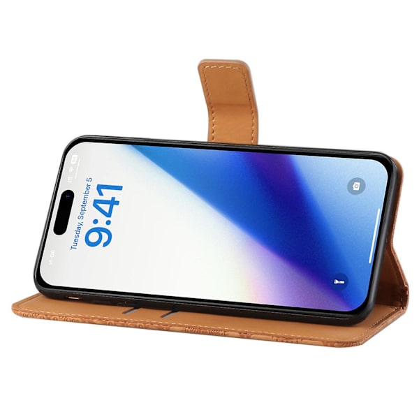 Læder Wallet Case til iPhone 15 Pro, Præget Blomster Folio Flip Stand Telefon Cover Brown