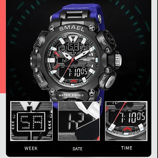 Smael Watch Herr Digital Quartz Double Display Klockor Ungdom Militär Herr Vattentät stoppur Väckarklocka Man Cool Hour ArmyGreen