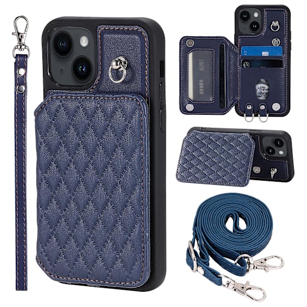 För Iphone 15 Plus Rfid Blockering Stötsäkert case Anti-drop Pu+tpu telefonskal med remmar Blue