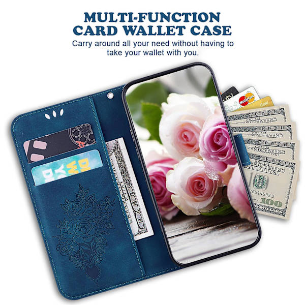 Til Samsung Galaxy S23 Fe Stødsikkert Wallet Case Rose Præget Læder Stand Telefon Cover Blue