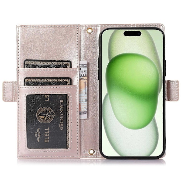 Fodral till iPhone 15 Plus med dragkedjeficka, PU-läder med litchistruktur och rem Multicolor Style C