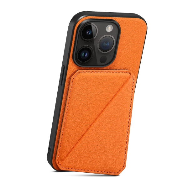 Calf Texture Pu+pc+tpu Phone case För Iphone 14 Pro Anti-drop kortplats Kickstand Cover Orange