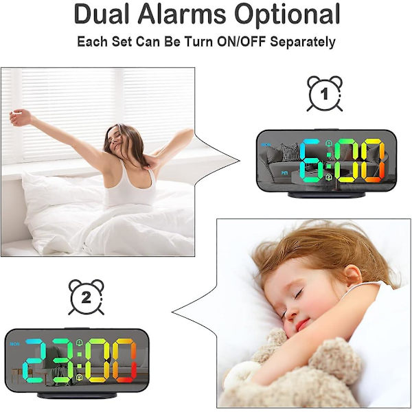 Digitalt Vækkeur med Dobbelte Alarmer, Spejl LED Vækkeure til Børneværelset, Justerbart Multicolor