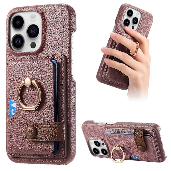 Y2 iPhone 16 Pro -kotelo, jossa sormuspidike, jalusta, korttipaikka ja nahkainen takakuori- Multicolor Date Apricot