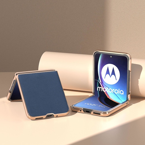 Äkta koläder + Pc Litchi case för Motorola Razr 40 Ultra 5g, nanogalvaniserat cover Blue