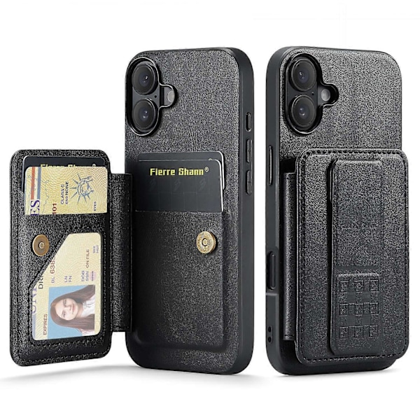 FIERRE SHANN 024 -tyylinen iPhone 16 -kotelo korttipidikkeellä ja jalustalla, vahapintainen nahka + TPU-puhelinkuori Multicolor Style A