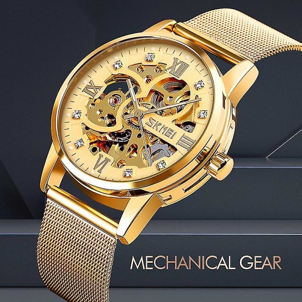 Skmei 9199 Herre Automatisk Mekanisk Ur Gold Shell Black Face