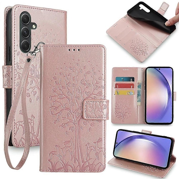 Læderetui med magnetisk hjorte- og træmønster til Samsung Galaxy A54 5G Multicolor Rose Gold