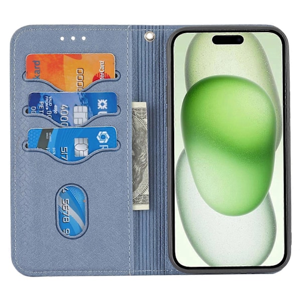 För iPhone 15 Plus Fodral Splitsad PU Läder Ställ Plånboksfodral med Rem Multicolor Style A
