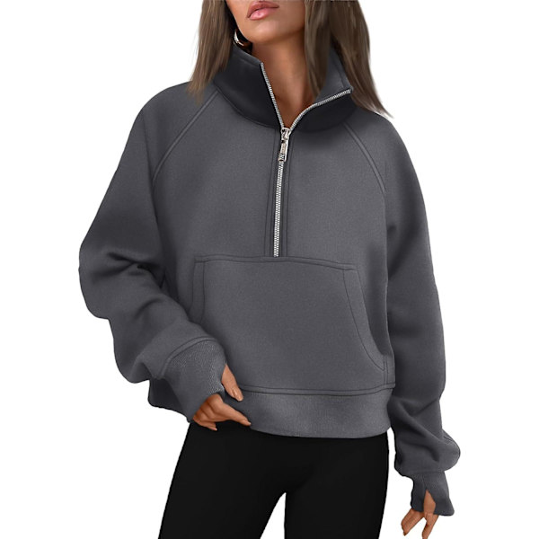Dame Sweatshirts Halv Lynlås Cropped Pullover Fleece Kvart Lynlås Hættetrøjer Efterårsoutfits Tøj Tommelfingerhul Darkdrey Large