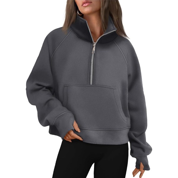 Damtröjor Halv dragkedja Cropped Pullover Fleece Quarter Zipper Huvtröjor Höstkläder Kläder Tumhål Darkdrey X-Small