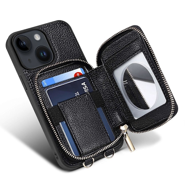 För iPhone 15 Plus Ställ Zipper Plånbok Baksida PU Läder+TPU Mobilskal med Kedjerem Multicolor Style C