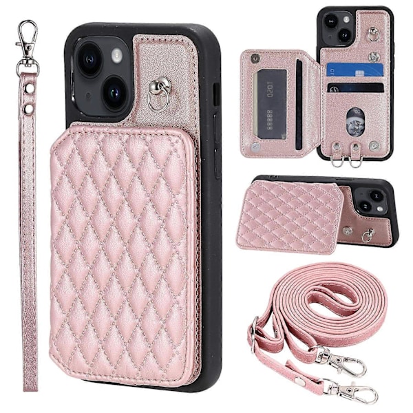 Stil 008 För iPhone 15 Plus RFID-blockerande Stöttåligt Skal PU+TPU Mobilskal med Remmar Multicolor Style D