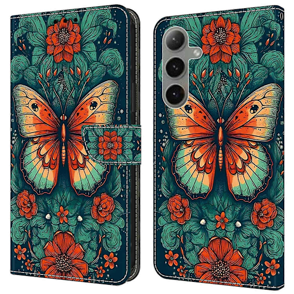 Skal för Samsung Galaxy S24 FE Mönstertryckt Skyddande Läder Flip Fodral - Panda Multicolor Flower Butterfly
