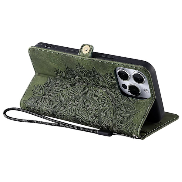 Stil 016 För iPhone 14 Pro Skal Hudkänsla Totem Präglat Plånbok Läder Telefonskal - Svart Multicolor Blackish Green