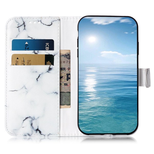 iPhone 15 Pro Lompakkokotelo PU-nahkaa, kuvioitu, jalustalla, pudotussuoja White Marble