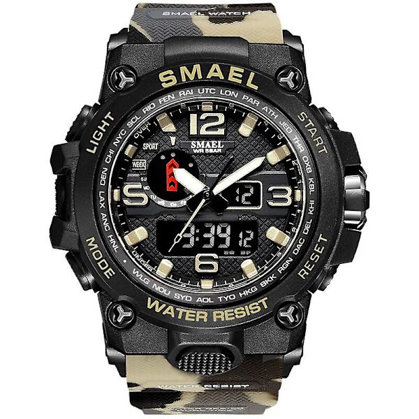 Smael Dual Display Digital Led Watch Pointer Typ Quartz Elektriska klockor Relogio Masculino Uomo Sportklocka 1545 CAMOKHAKI