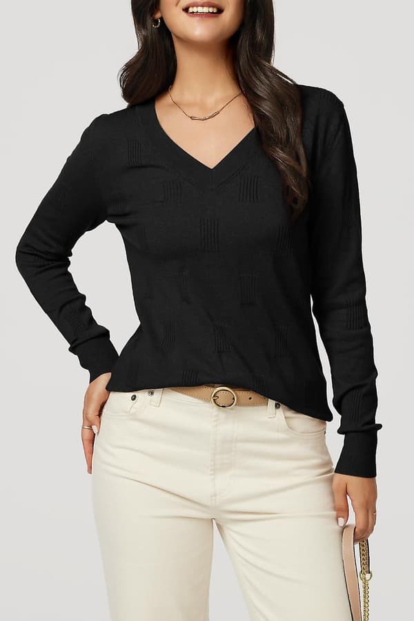 Dammode höstmode 2023 V-ringad Långärmad tröja Stickad Casual tröja Toppar Mysiga moln Black Small
