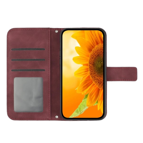 Ht04 Pu Läder Phone case För Oppo Reno10 Pro+ 5g Sunflower Imprint Cover med axelrem Wine Red