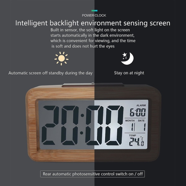 Digitalt LCD Vækkeur i Træ med Smart Sensor Natlys, Snooze, Dato, Temperatur og 12/24 timers skift Solid Wood Color