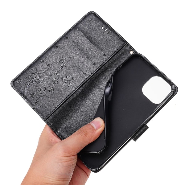 För Iphone 15 Plus Pu Läder Cover Phone case Imprinted Butterflies Shell Stand with rem Black