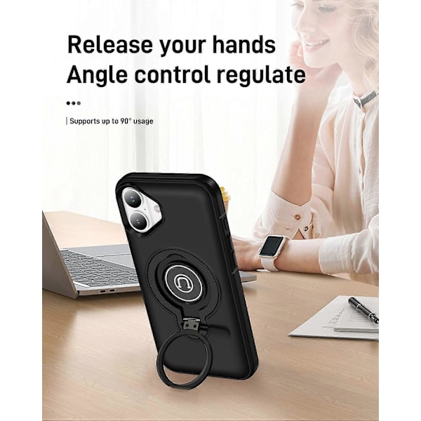 For iPhone 16 Plus Deksel TPU+PC Magnetisk Bilholder Telefondeksel med Ringstøtte Multicolor Black