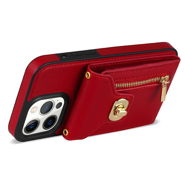 För Iphone 15 Pro Max Zipper Pocket Läderbelagd Tpu Phone case Korthållare Kickstand Cover Red